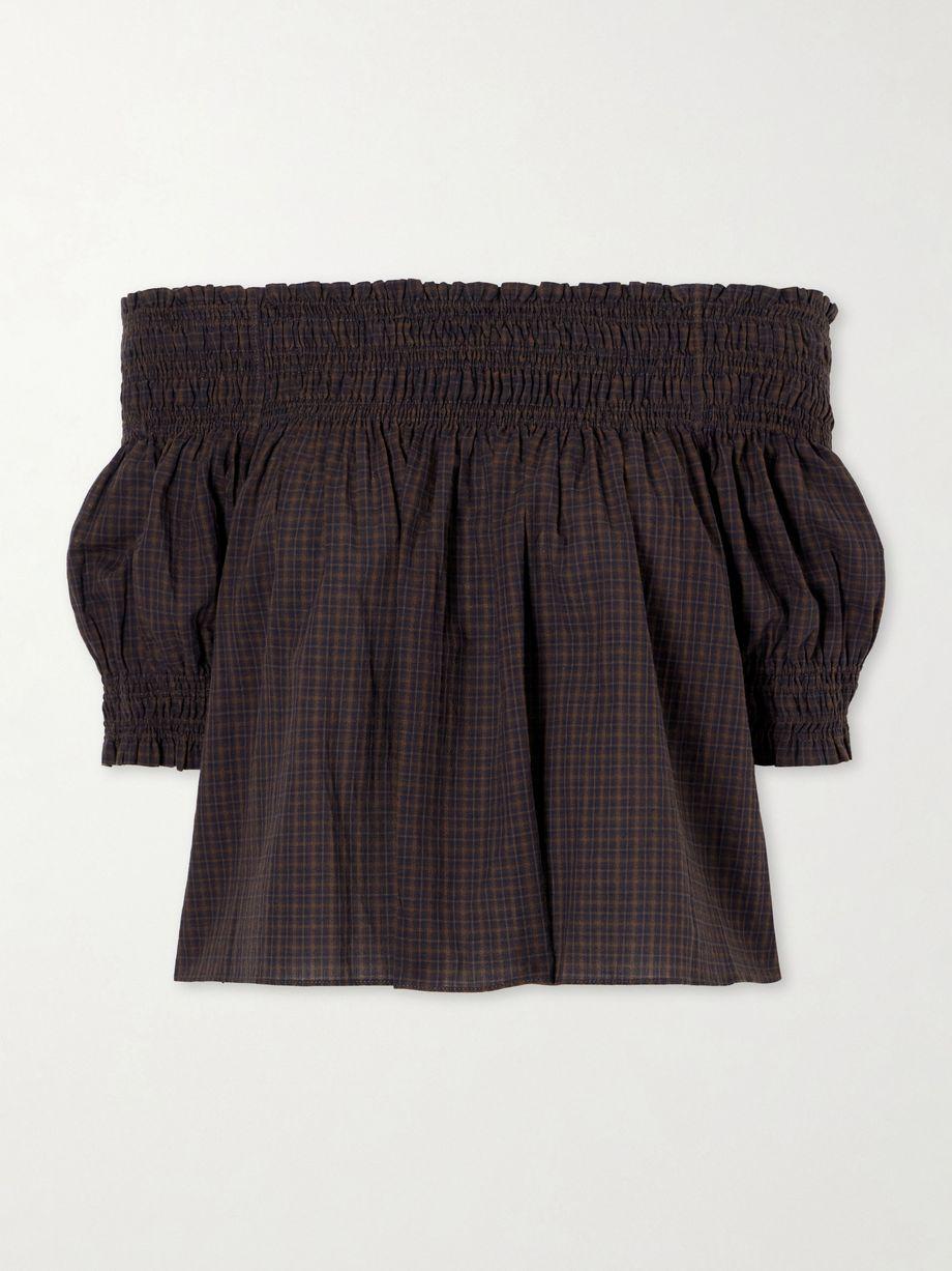 Shirred off-the-shoulder checked cotton blouse by MATTEAU