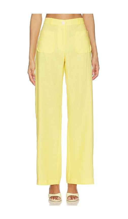 MATTHEW BRUCH Pleated Barrel Button Pocket Pant in Yellow by MATTHEW BRUCH