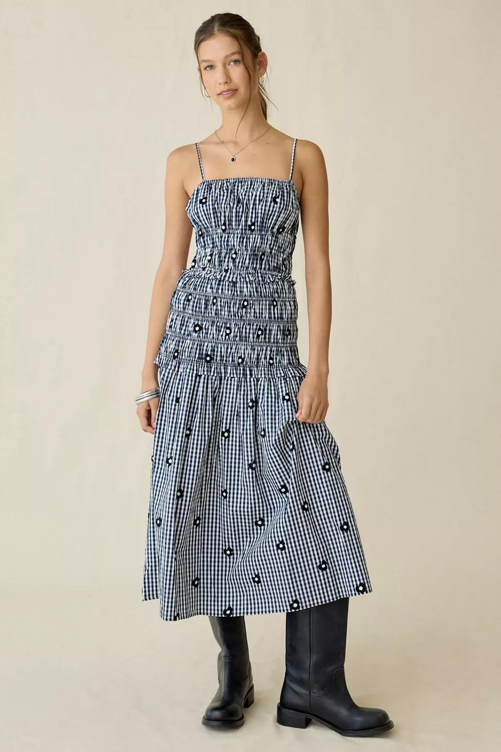 Maude Club Madison Embroidered Floral Gingham Midi Dress by MAUDE CLUB