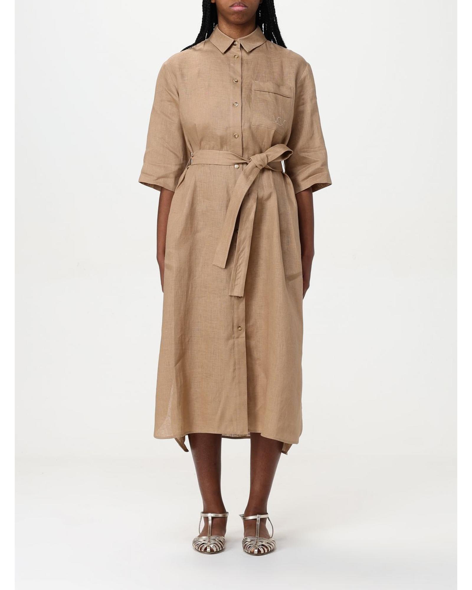 Linen Shirt Dress Belted Midi Wo - Camel Dresses by MAX MARA