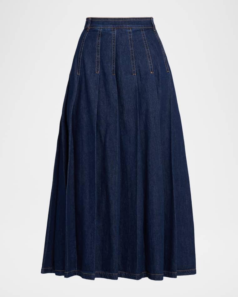 Pleated Cotton Denim Midi Skirt by MAX MARA