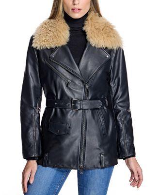 Leather Moto Jacket with Detachable Shearling Collar by MAXIMILIAN