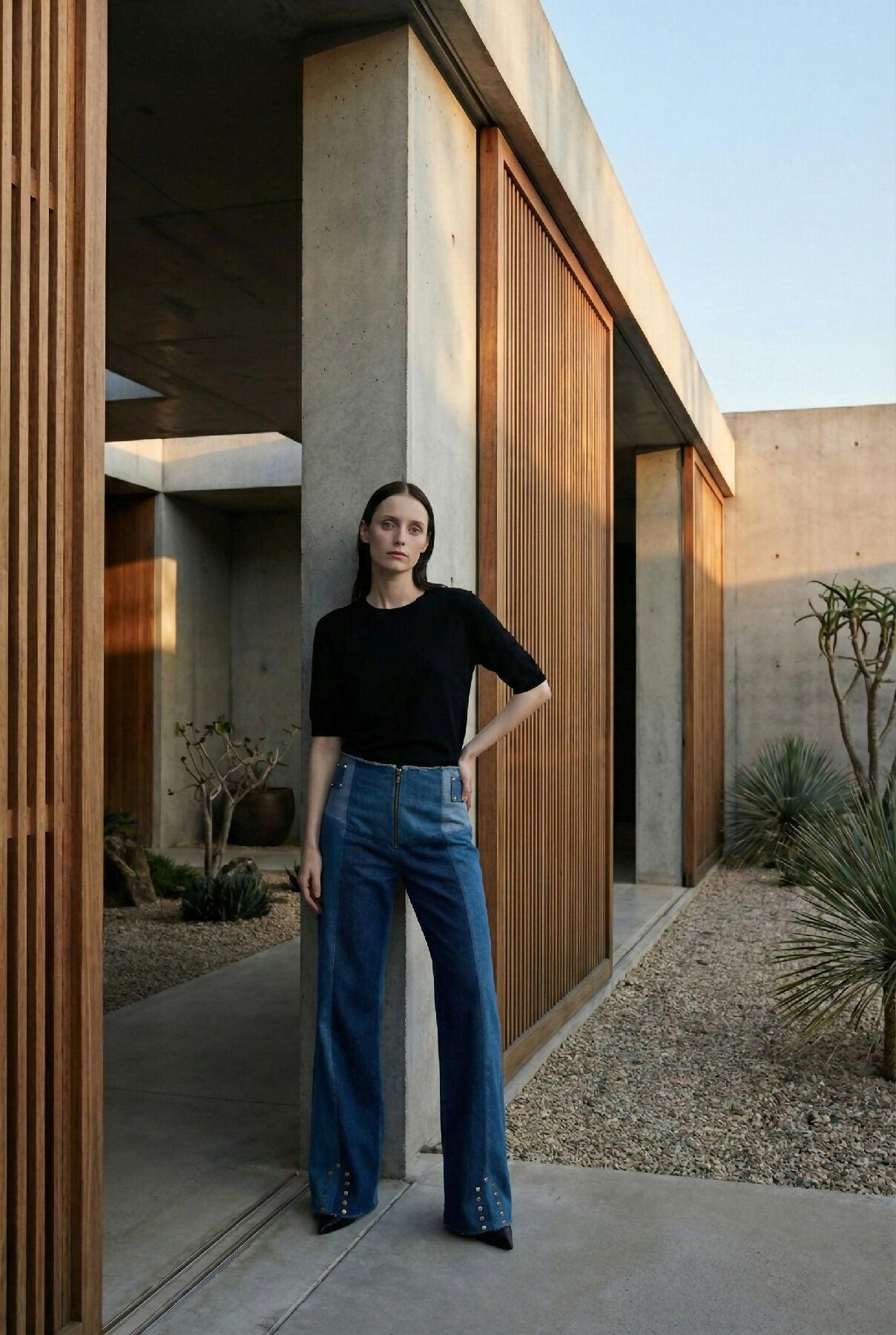 ARDEN - Stud Detailed Pants with Three Different Shades of Denim by MAYAMU