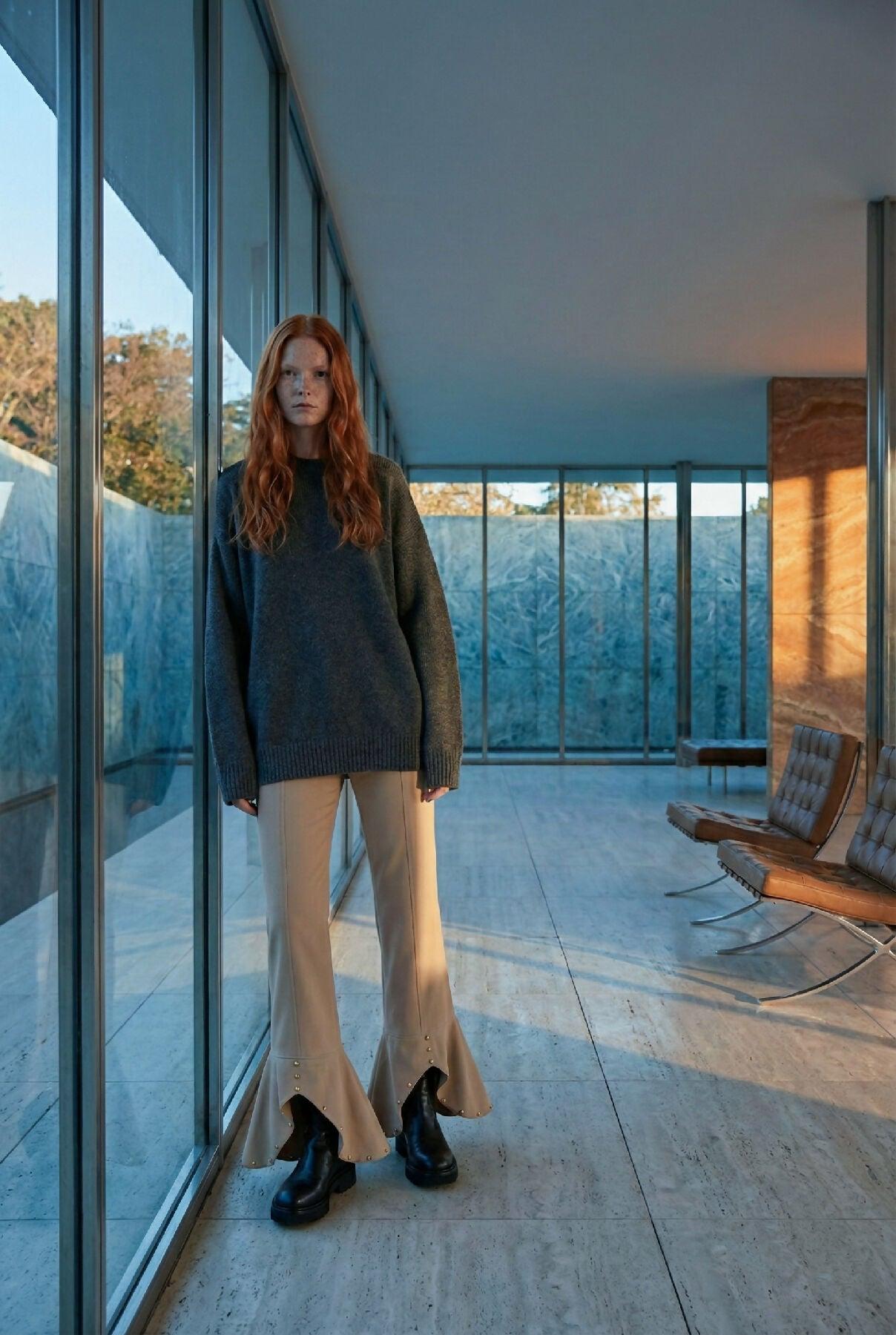 ELDA - Stud Detailed Beige Canvas Pants by MAYAMU