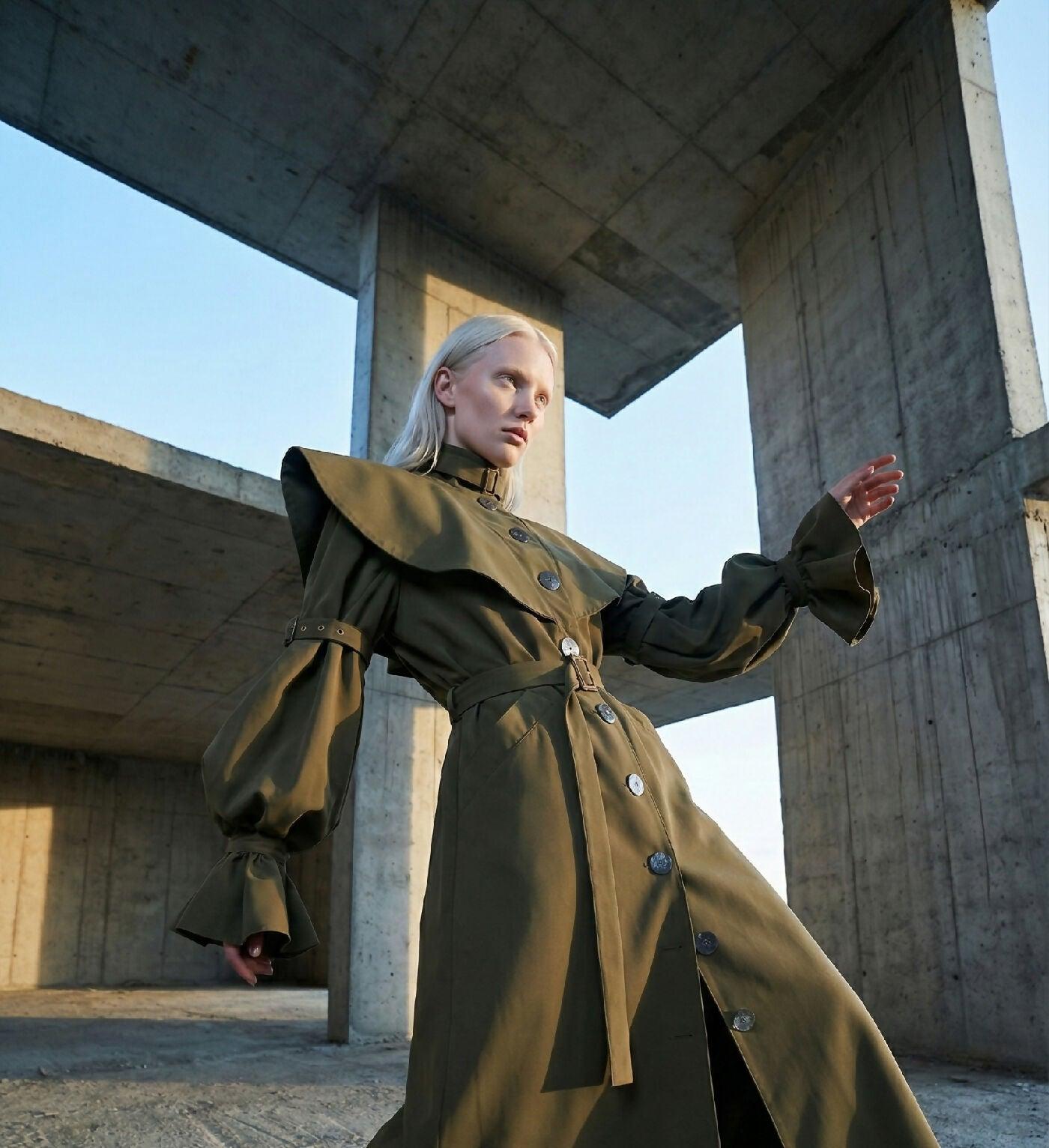 LETA - Ruffle Collar & Sleeve Detailed Green Raincoat by MAYAMU