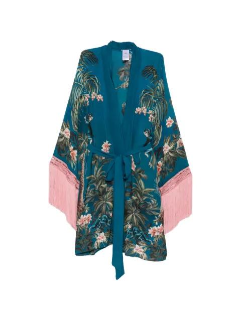 fringe-trimmed floral-print oversized coat by MAZZEI