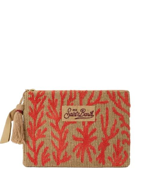 coral-embroidered jute clutch bag by MC2 SAINT BARTH