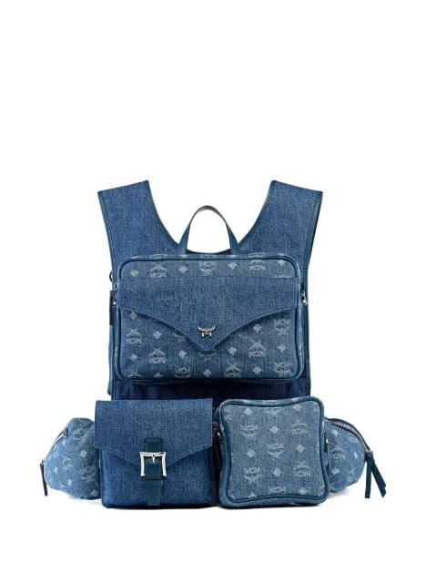 large Aren monogram-jacquard denim multi-backpack by MCM