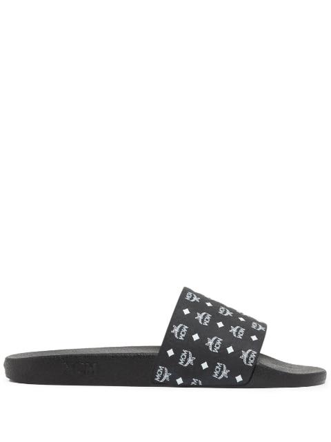 logo-print single-strap slides by MCM