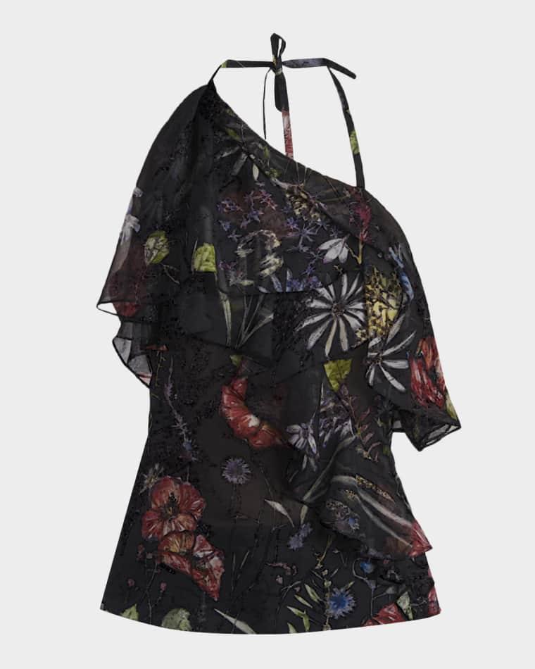 Asymmetric-Ruffle Floral Silk Halter Top by MCQUEEN