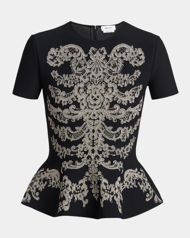 Baroque Skeleton Jacquard Peplum Top by MCQUEEN