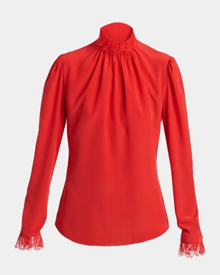 Lace Ruffle-Neck Long-Sleeve Silk Top by MCQUEEN