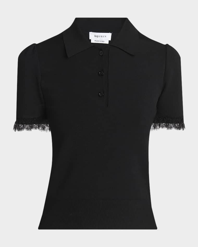Lace Ruffle Short-Sleeve Polo Shirt by MCQUEEN Lace Ruffle Short-Sleeve Polo Shirt by MCQUEEN