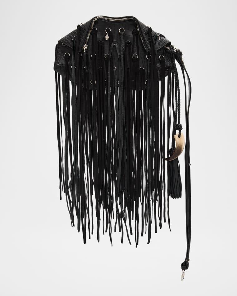 Manta Fringed Croc-Embossed Leather Shoulder Bag by MCQUEEN