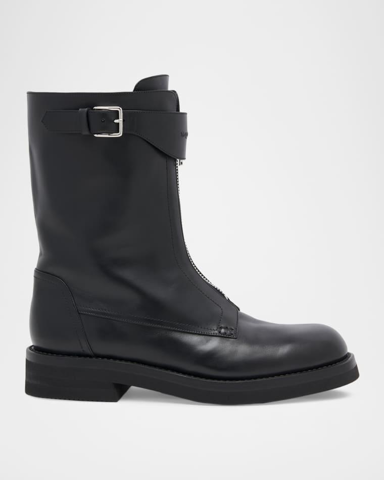Men's Biker Leather Center-Zip Buckle Boots by MCQUEEN