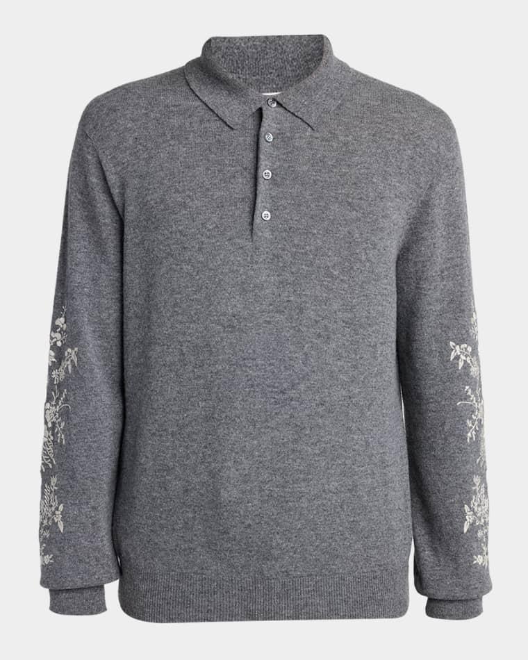 Men's Wool Floral-Embroidered Polo Sweater by MCQUEEN