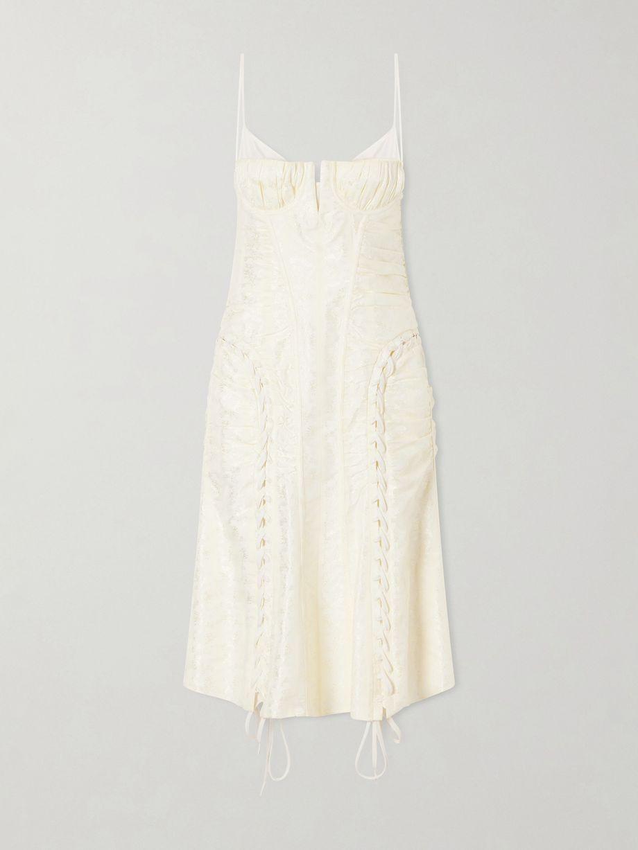 Pleated paneled satin brocade midi dress by MCQUEEN