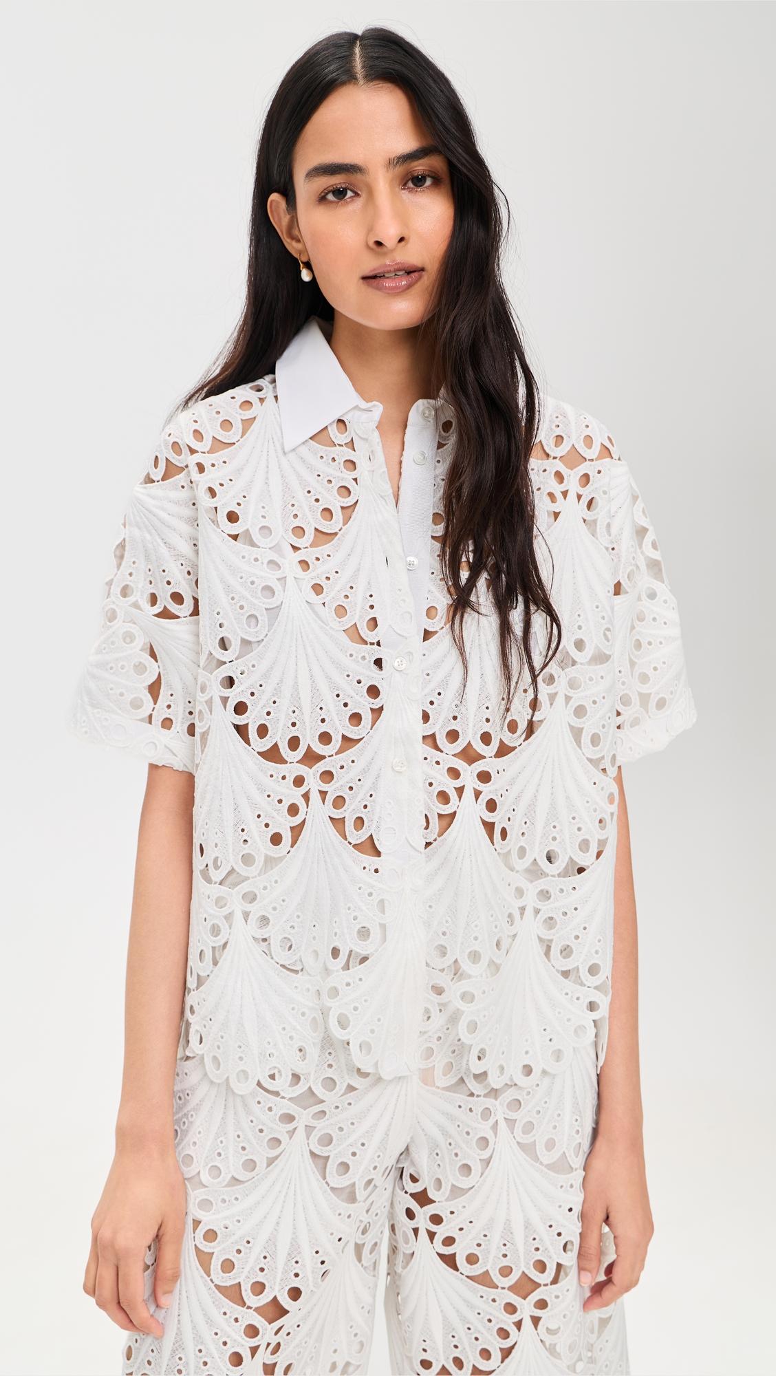 Short Sleeve Button Down Lace Top by MEIMEIJ