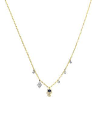 14K White & Yellow Gold Blue Sapphire & Diamond Dangle Hamsa Hand Pendant Necklace by MEIRA T