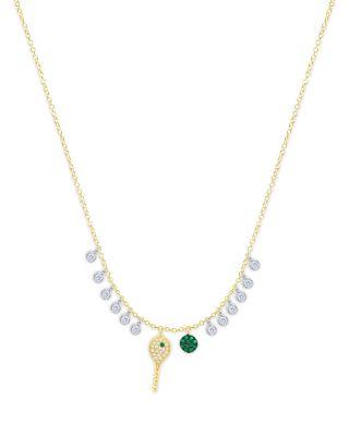 14K White & Yellow Gold Diamond & Emerald Tennis Ball & Racket Dangle Pendant Necklace by MEIRA T