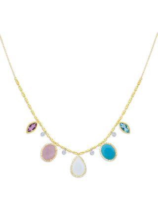 14K White & Yellow Gold Multi Gemstone & Diamond Dangle Pendant Necklace by MEIRA T