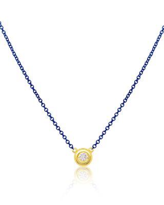 Yellow Gold Plated Silver Bezel Set Diamond Necklace on a Blue Rhodium Plated Silver Chain by MEIRA T
