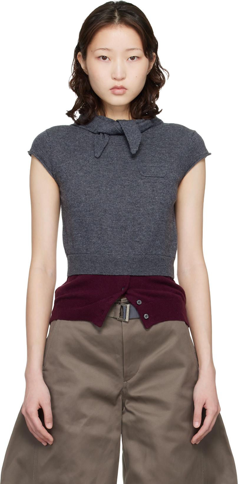 Gray & Burgundy Crew Neck Cap Sleeve Bandana Sweater by MERYLL ROGGE