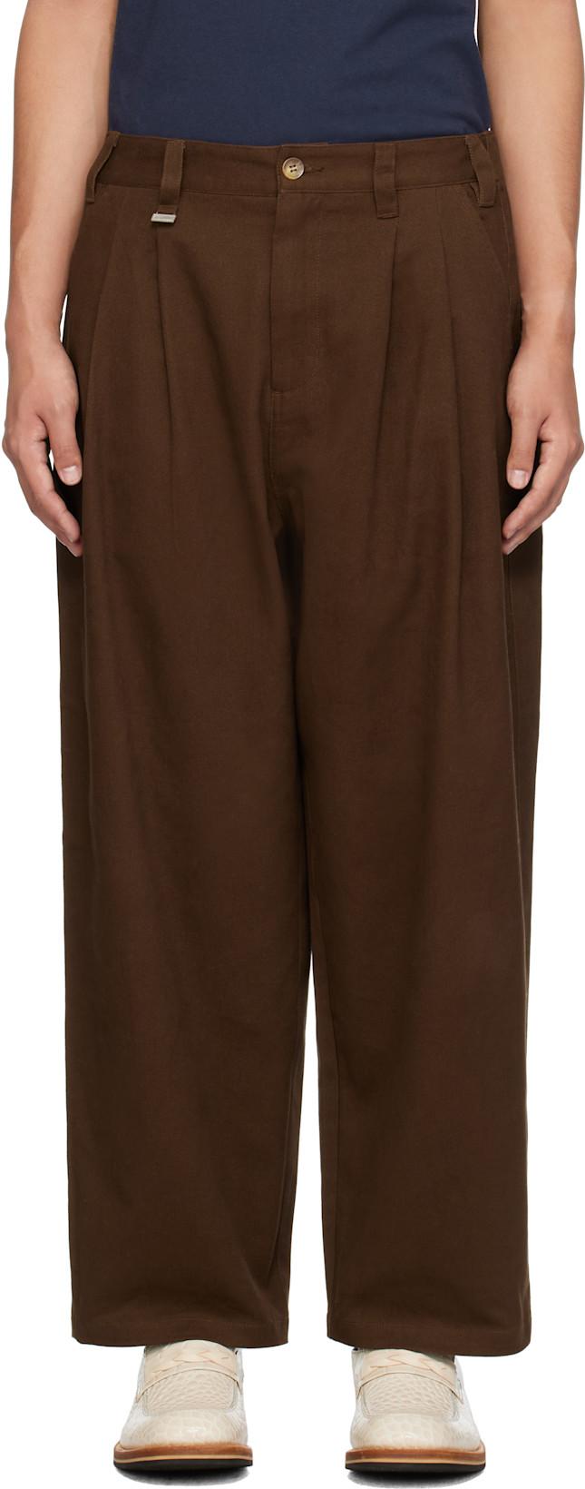 Brown Elastic Waist Baggy Trousers by METALWOOD STUDIO
