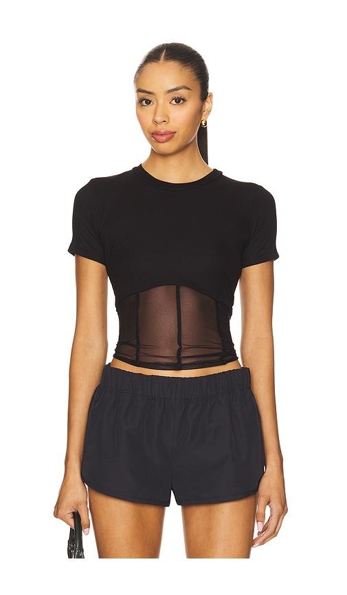 Michael Lauren Ember Rib Mesh Corset Tee in Black by MICHAEL LAUREN