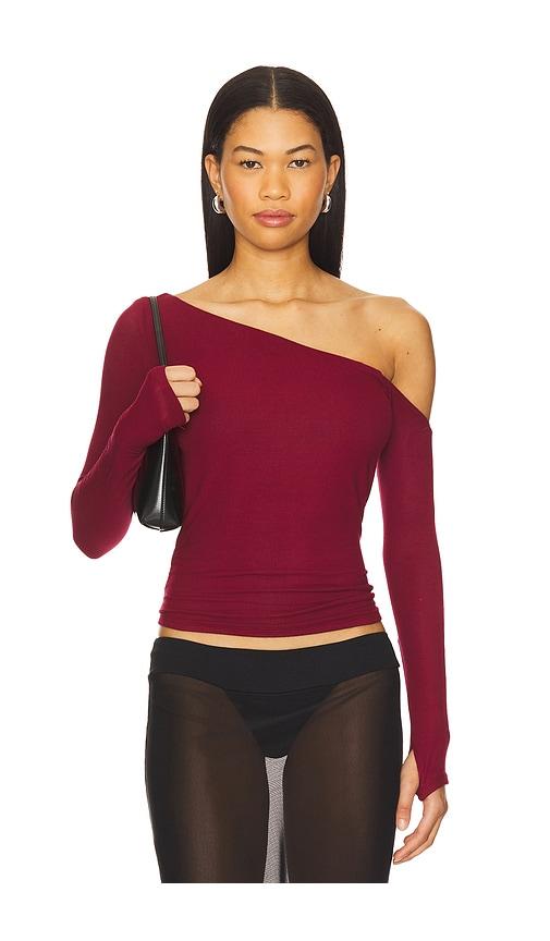 Michael Lauren Magdaleno Asymmetrical Fitted Cold Shoulder Long Sleeve Top in Burgundy by MICHAEL LAUREN