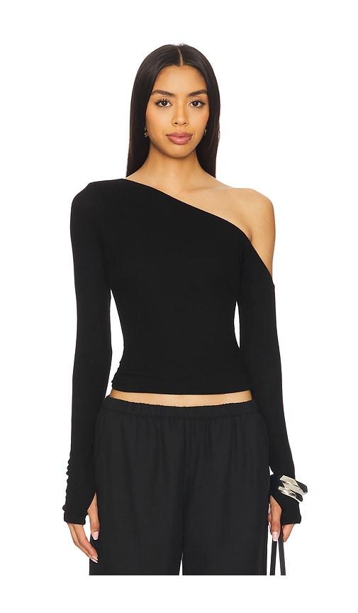 Michael Lauren Magdaleno Long Sleeve Asymmetrical Fitted Cold Shoulder Top in Black by MICHAEL LAUREN