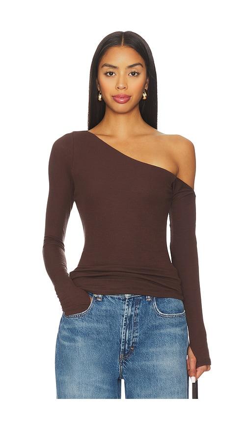Michael Lauren Magdaleno Long Sleeve Fitted Asymmetrical Cold Shoulder Top in Brown by MICHAEL LAUREN