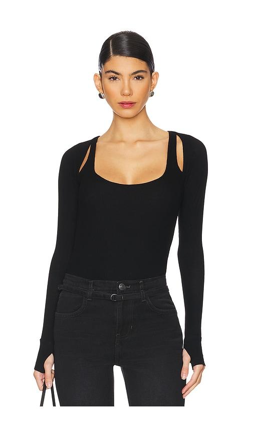 Michael Lauren Stanfield Long Sleeve Fitted Scoop Neck With Cutouts in Black by MICHAEL LAUREN