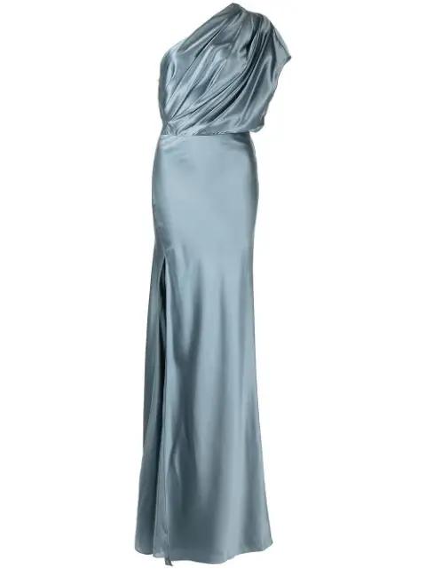 asymmetric open back gown by MICHELLE MASON