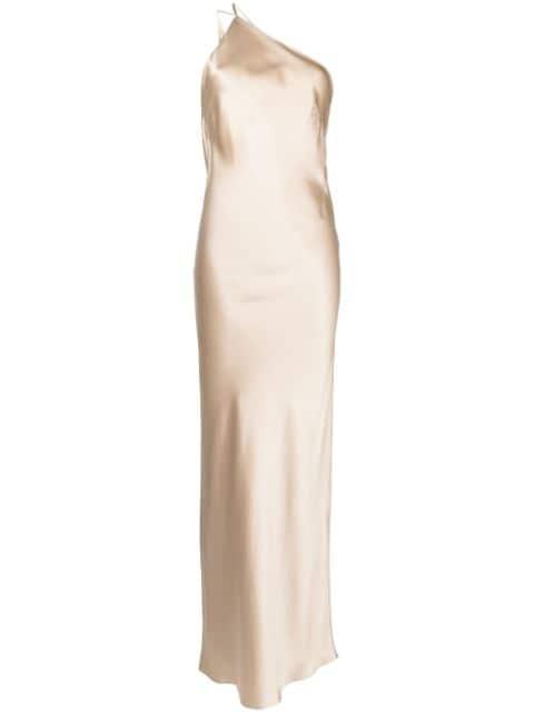 one-shoulder bias silk gown by MICHELLE MASON