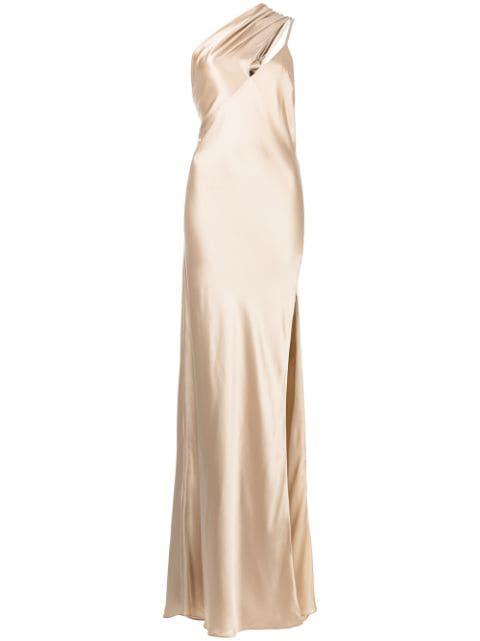 side-slit one-shoulder gown by MICHELLE MASON
