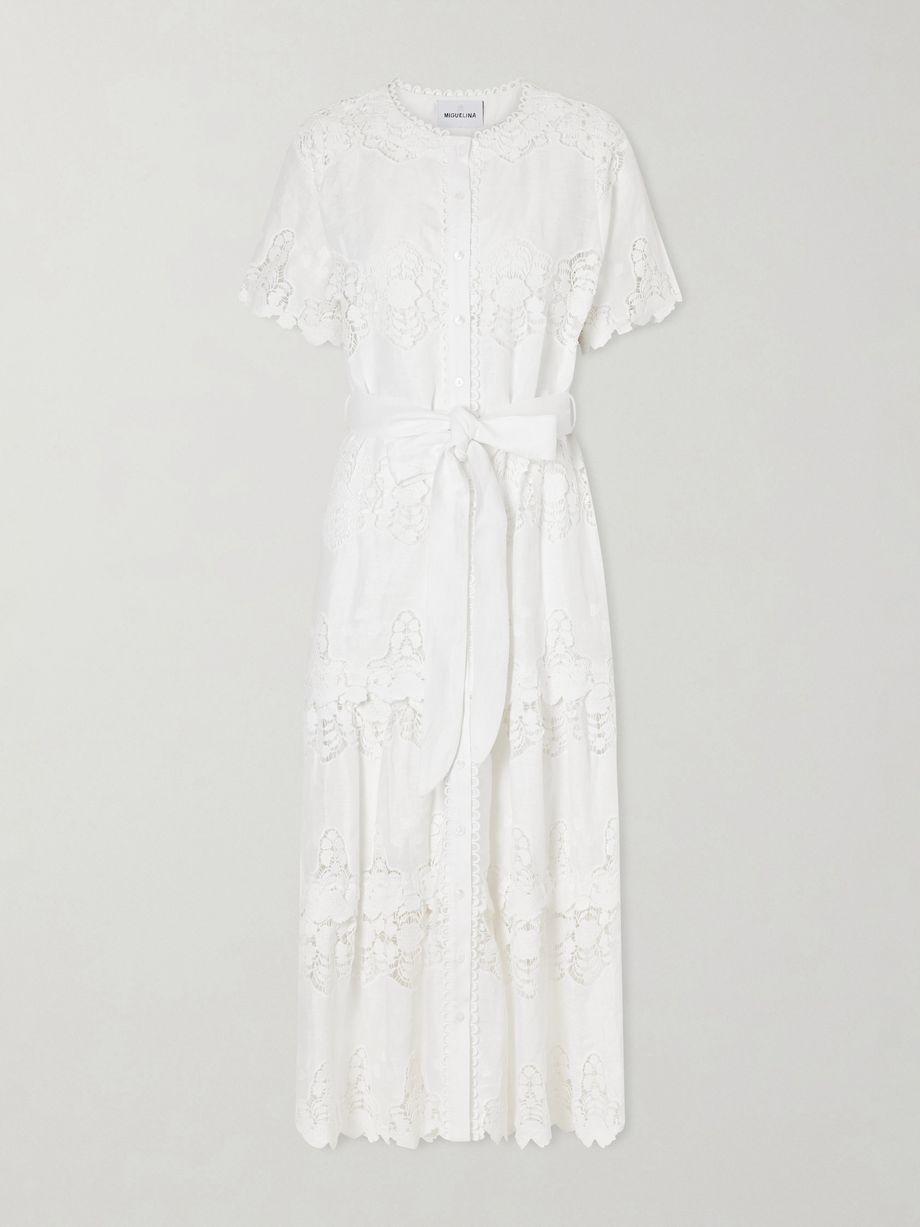 Romilly belted embroidered cotton and linen-blend midi dress by MIGUELINA