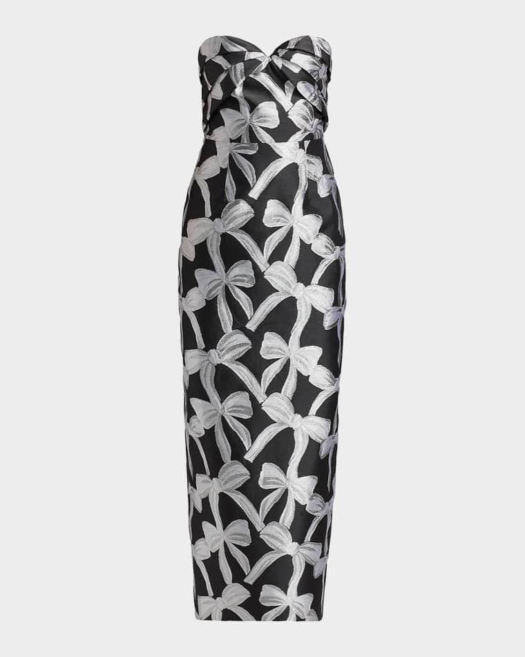 Donna Strapless Bow Jacquard Column Maxi Dress by MILLY