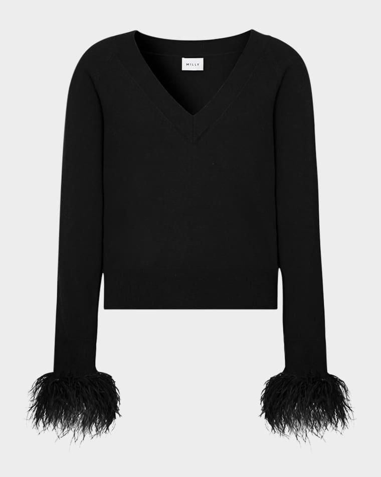 Feather-Trim Wool-Cashmere Sweater by MILLY