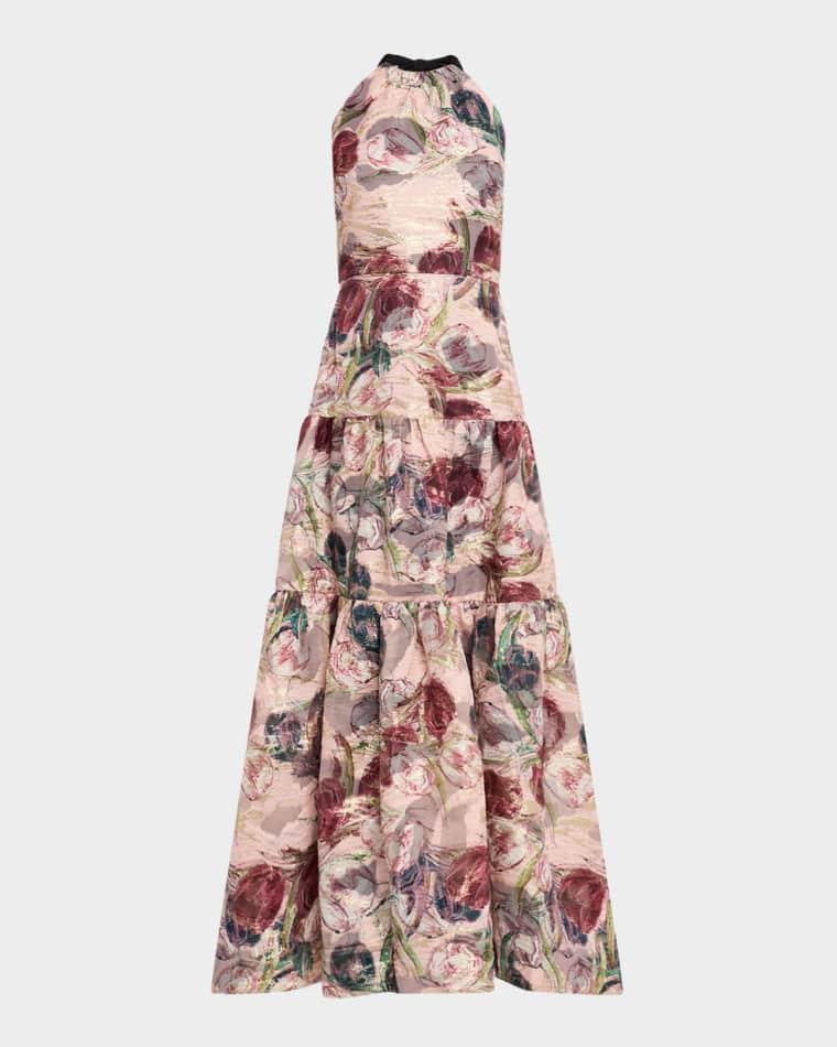 Gizelle Tiered Floral Brocade Halter Gown by MILLY