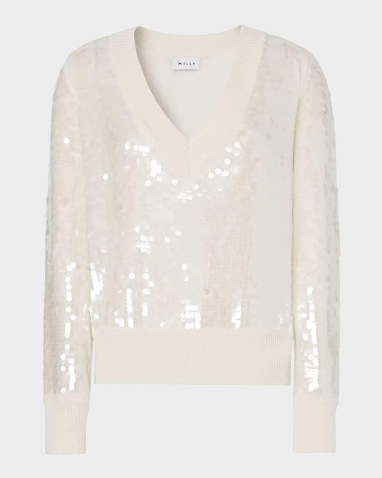 Ilaria Sequin V-Neck Sweater by MILLY