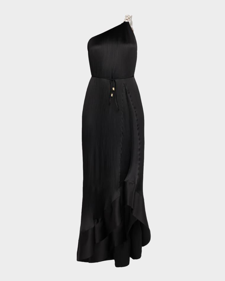 Mariah One-Shoulder Pleated Satin Maxi Dress by MILLY