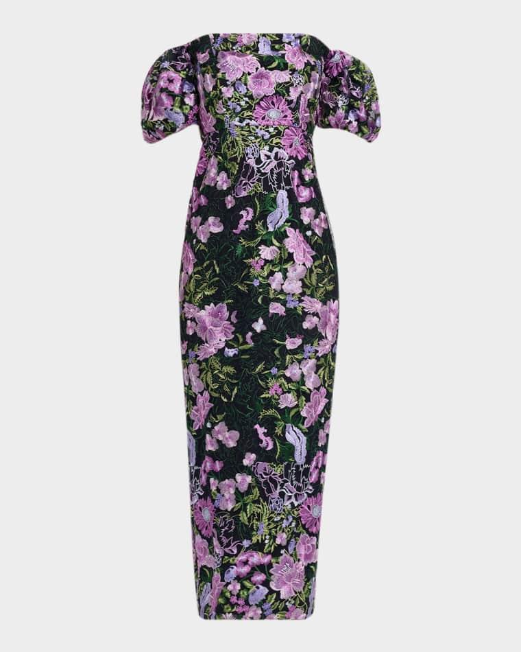 Nene Floral-Embroidered Column Gown by MILLY