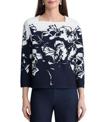 Floral Print Stretch Deco Crepe Blouse by MING WANG