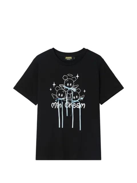 graphic-print bow-details cotton T-shirt by MINI CREAM