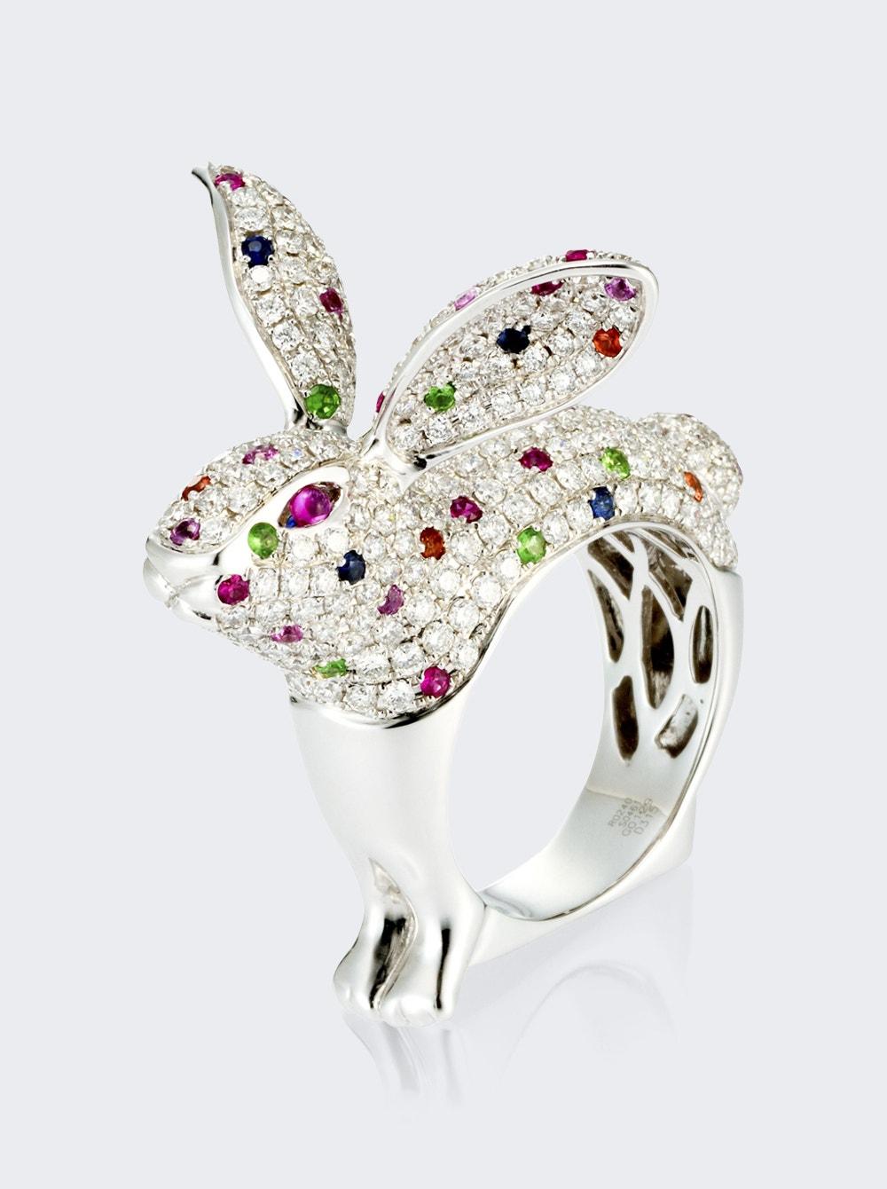 Multicolor Sapphire Bunny Ring 18K White Gold by MIO HARUTAKA
