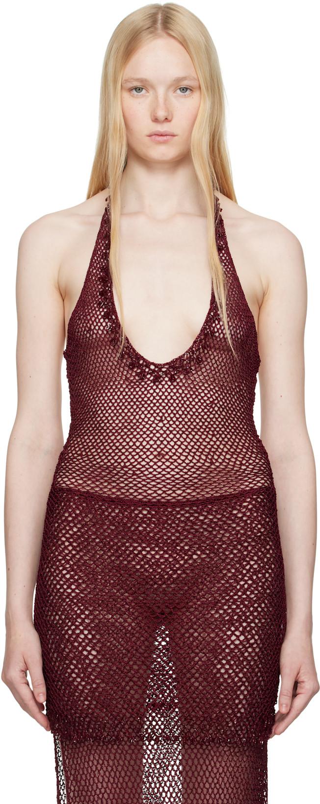Burgundy Crochet Tunic Top by MIRROR PALAIS