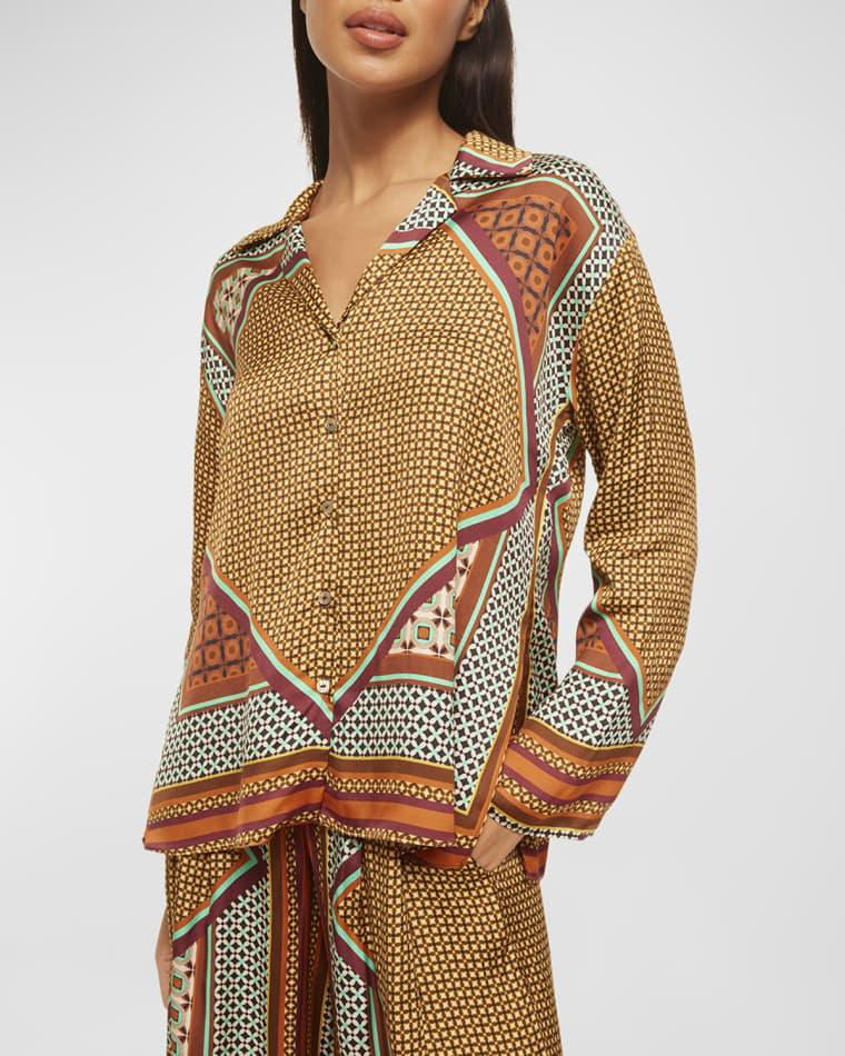 Isme Scarf-Print Long-Sleeve Button-Front Top by MISA LOS ANGELES