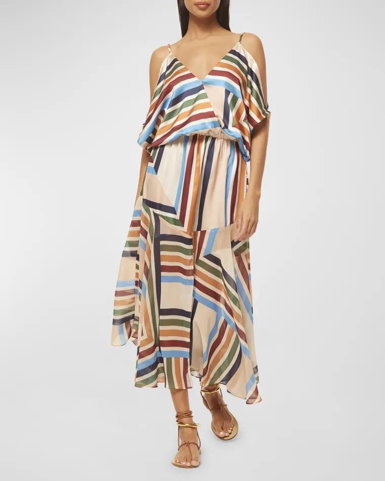 Nanaz Slit-Sleeve Striped Midi Dress by MISA LOS ANGELES
