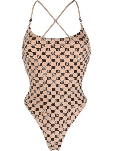 criss-cross monogram-print swimsuit by MISBHV